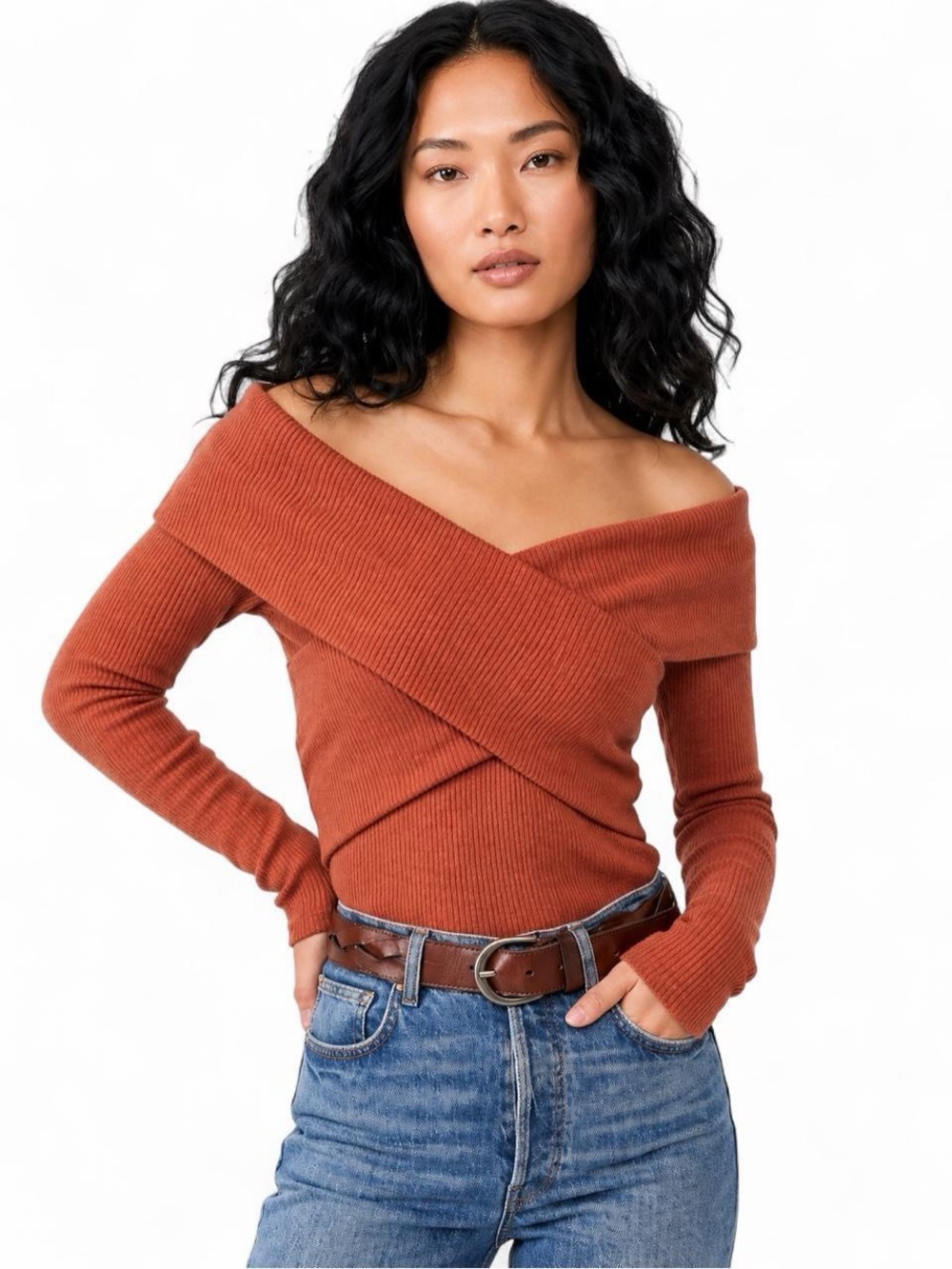 Free People Off-the-Shoulder Wrap Sweater - Rust